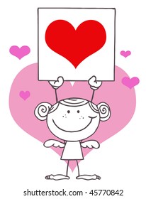 Girl Stick Cupid Holding A Red Heart Sign