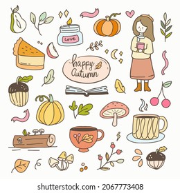 Girl sticker fall autumn element cartoon illustration doodle badges. Hand drawn icon planner collection set.