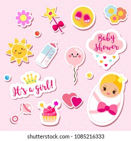 It's a girl stickers set in pink colors. Kids, children design elements for scrapbook. Decorative vector icons with newborn symbols for baby shower and other nursery design