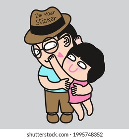 Girl Sticks to Her Boyfriend Like He is Her Sticker. Funny Couple Concept Card Character illustration