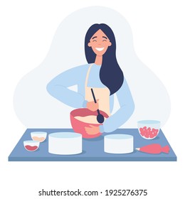 Girl is stirring the dough. The confectioner wants to bake a cake. Hobby. Flat vector illustration on a white background.