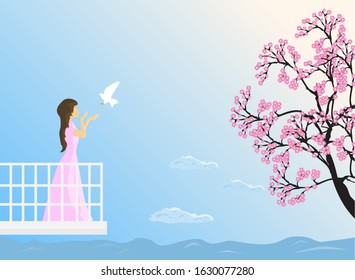 The girl stood on the balcony, she stretched out her hand and waited to receive the flying pigeon. With cherry blossoms and the sky as the background