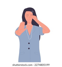 Girl with stop hand gesture. Body language, negative nonverbal pose vector illustration