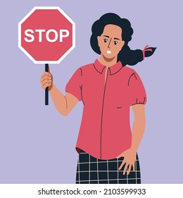 Girl with a Stop sign. Protest. Vector image. 