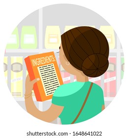 girl in the store chooses foods for proper nutrition; concept of informed choice; studies the composition of the product; without GMO; a young woman in a store chooses natural ingredients; round icon
