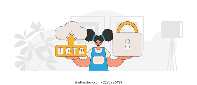 Niña que almacena los datos de forma segura con la última tecnología al estilo moderno. ilustración vectorial.