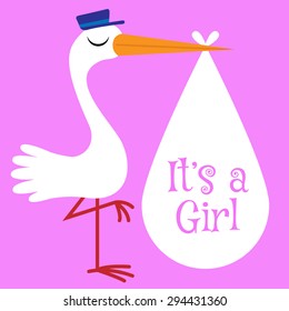 It's a girl, stork delivering, vector illustration