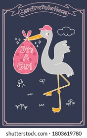 It's A Girl Stork Special Delivery. Baby Shower Announcement Card. Vector Illustration.