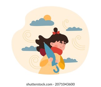 Girl in stormy weather. Woman walks with umbrella down street in autumn. Rain, wind, cold. Taking care of your health, warm clothes, children caught outdoor. Cartoon flat vector illustration