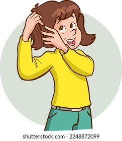 girl straightening her hair cartoon vector