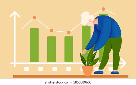 Girl straightens a flower in a pot and takes care of a plant. Statistical bar graph on background. Work with statistics and business anatytics. Office work management. Data analysis concept