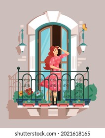 A girl straightens her hair standing on a balcony with a railing and houseplants flat vector illustration