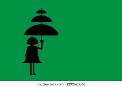 A girl with strange umbrella on green background, vector.