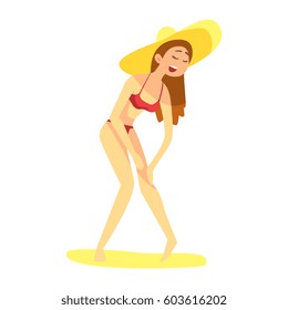 Girl In Straw Hat Applying Sunscreen On Her Leg, Part Of Friends In Summer On The Beach Series Of Vector Illustrations