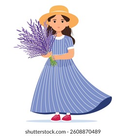 Girl in straw hat with bouquet of lavender
