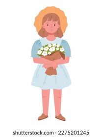 Ein Mädchen in einem Strohhut mit einem Strauß Frühlingsblumen.Poster, Druck, Gartenkonzept.Handgezeichnet flache Illustration.