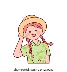 A girl with a straw hat and braided hair is smiling brightly. outline simple vector illustration.