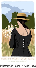 Girl in a straw hat with bunch of daisies in the field. Hand drawn vector illustration poster design with soft colors.