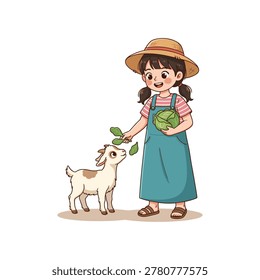 Girl in straw hat feeding a small goat with green leaves and cabbage