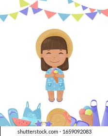 Girl in straw hat holding an ice cream. Poster or postcard with summer and vacations attributes 