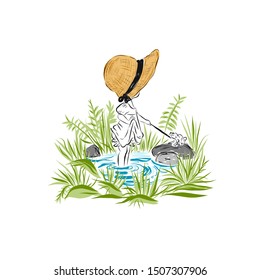 Girl in straw hat plays with frog standing knee-deep in the water. Young naturalist researcher. Summertime. Happy childhood. 