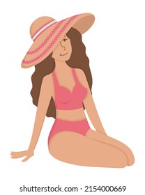 A Girl In A Straw Hat Is Relaxing On The Beach. Flat Doodle Clipart. All Objects Are Repainted.