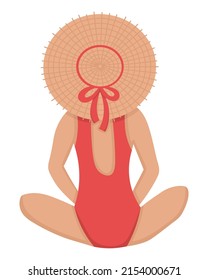 A Girl In A Straw Hat Is Relaxing On The Beach. Flat Doodle Clipart. All Objects Are Repainted.