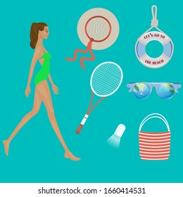 Girl, straw hat, sun glasses, tennis racket, bag, lifebuoy - vector. Journey. Holidays at sea.