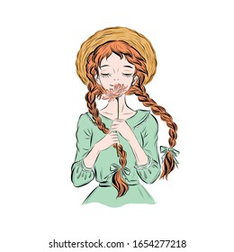 Girl in straw hat with two pigtails sniffs  flower.