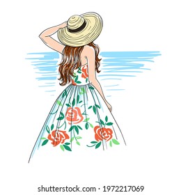 Girl in straw hat and vintage dress, summer vector scketch fashion illustration on white background.