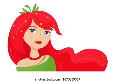 Girl strawberry with bright long hair. Vector portrait in cartoon style. White background.