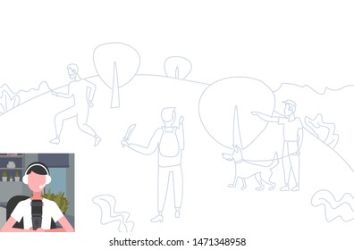 girl streamer playing computer games woman wearing microphone and headphones commentating online video live chat shooter game process show streaming concept doodle horizontal