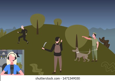 girl streamer playing computer games woman wearing microphone and headphones commentating online video live chat shooter game process show streaming concept flat horizontal