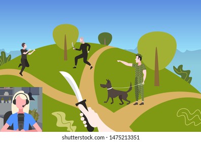 girl streamer playing computer games woman wearing microphone and headphones commentating online video live chat shooter game process show streaming concept flat horizontal