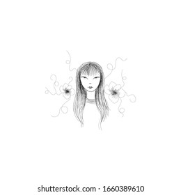 Girl with streaming hair and flowers, linen hand drawn vector illustration for coloring book
