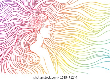 Girl with streaming  hair, hand drawn vector linen illustration.