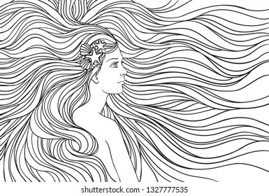Girl with streaming  hair, hand drawn vector linen illustration.