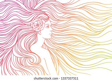 Girl with streaming  hair, hand drawn vector linen illustration.