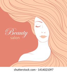 Girl with streaming  hair, hand drawn vector linen illustration, background template for beauty salon.