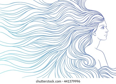 Girl with streaming  hair, hand drawn vector linen illustration.