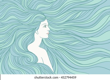 Girl with streaming  hair, hand drawn vector linen illustration.