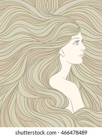 Girl with streaming  hair, hand drawn vector linen illustration.