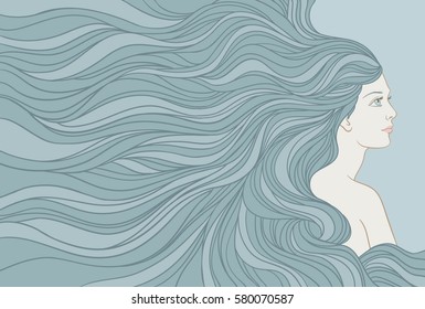 Girl with streaming  hair, hand drawn vector linen illustration.