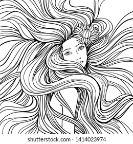 Girl with streaming  hair, mermaid,  hand drawn vector linen illustration for coloring book.