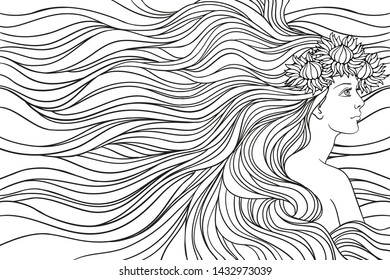 Girl with streaming  hair, mermaid,  hand drawn vector linen illustration for coloring book.