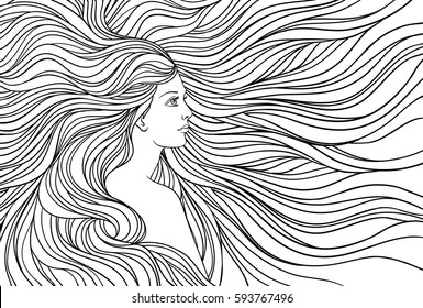 Girl with streaming hair, mermaid underwater, hand drawn vector linen illustration for coloring book.