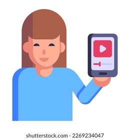 Girl streaming on mobile, flat icon of online video 
