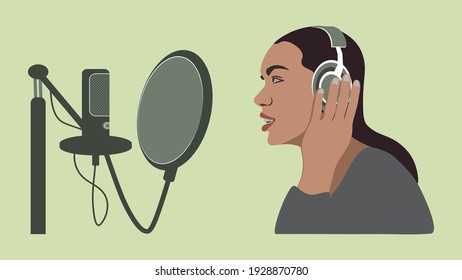 Girl streaming online, podcast and mass media concept, blogger  cartoon character, flat design, vector illustration.