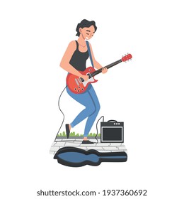 Girl Street Musician Playing Electric Guitar with Donate Guitar Case, Live Performance Concept Cartoon Style Vector Illustration