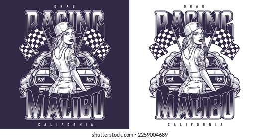 Girl street racer flyer monochrome with car and start flags behind hipster woman and drag racing text vector illustration